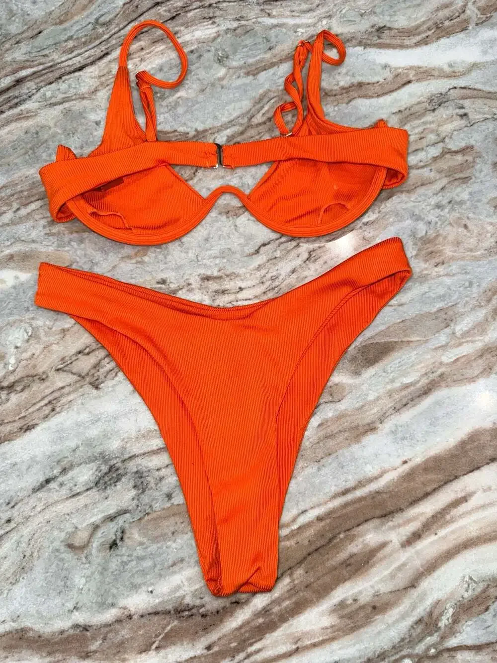 SHEIN Ribbed Underwire High-Cut Orange Bikini Two-Piece Set